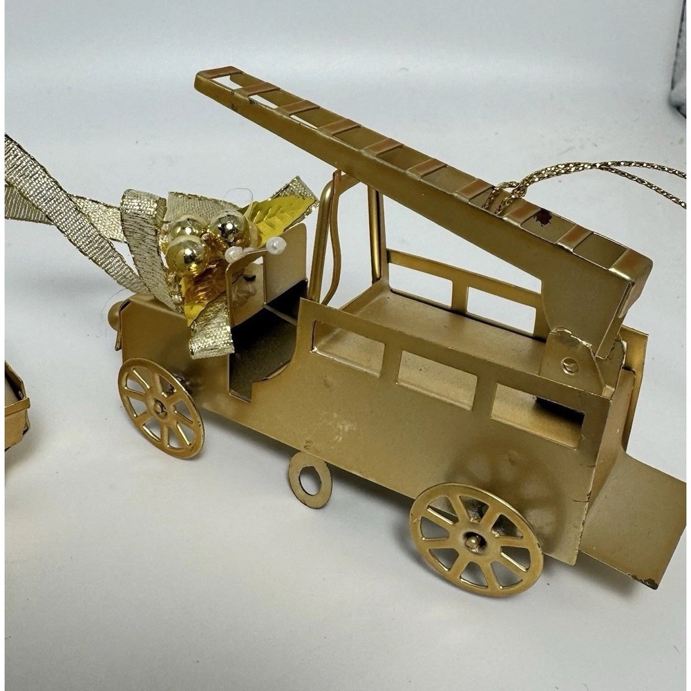 Vintage Gold Toned Metal Christmas Ornaments Featuring A Fire Truck And Boat - Picture 12 of 16